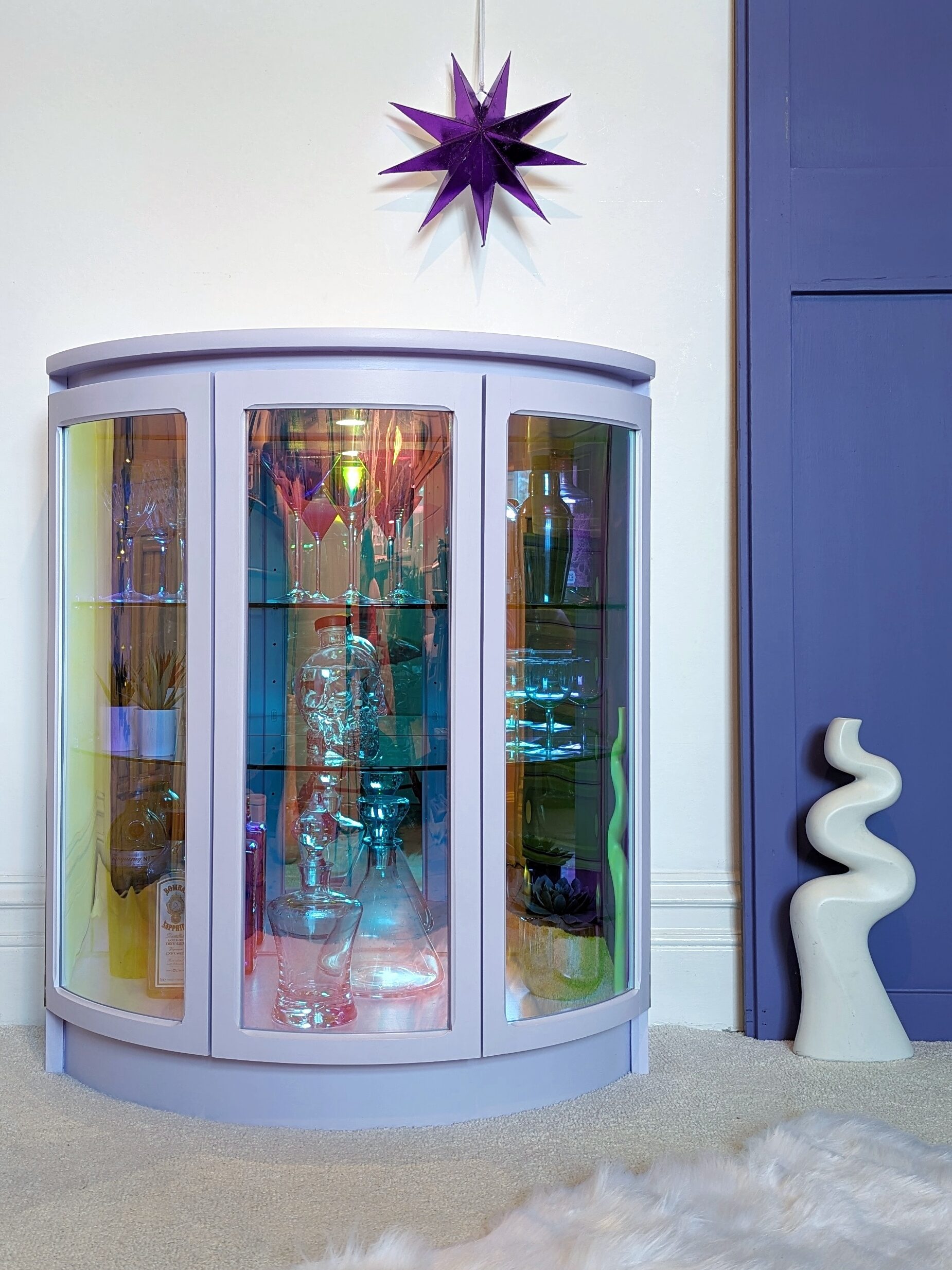 Luna Lilac Iridescent Glass Cabinet (2) Lilac drinks cabinet with iridescent curved glass doors